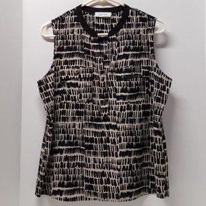 Calvin Klein Sleeveless Black and Light Beige Abstract Print Button Down Shirt